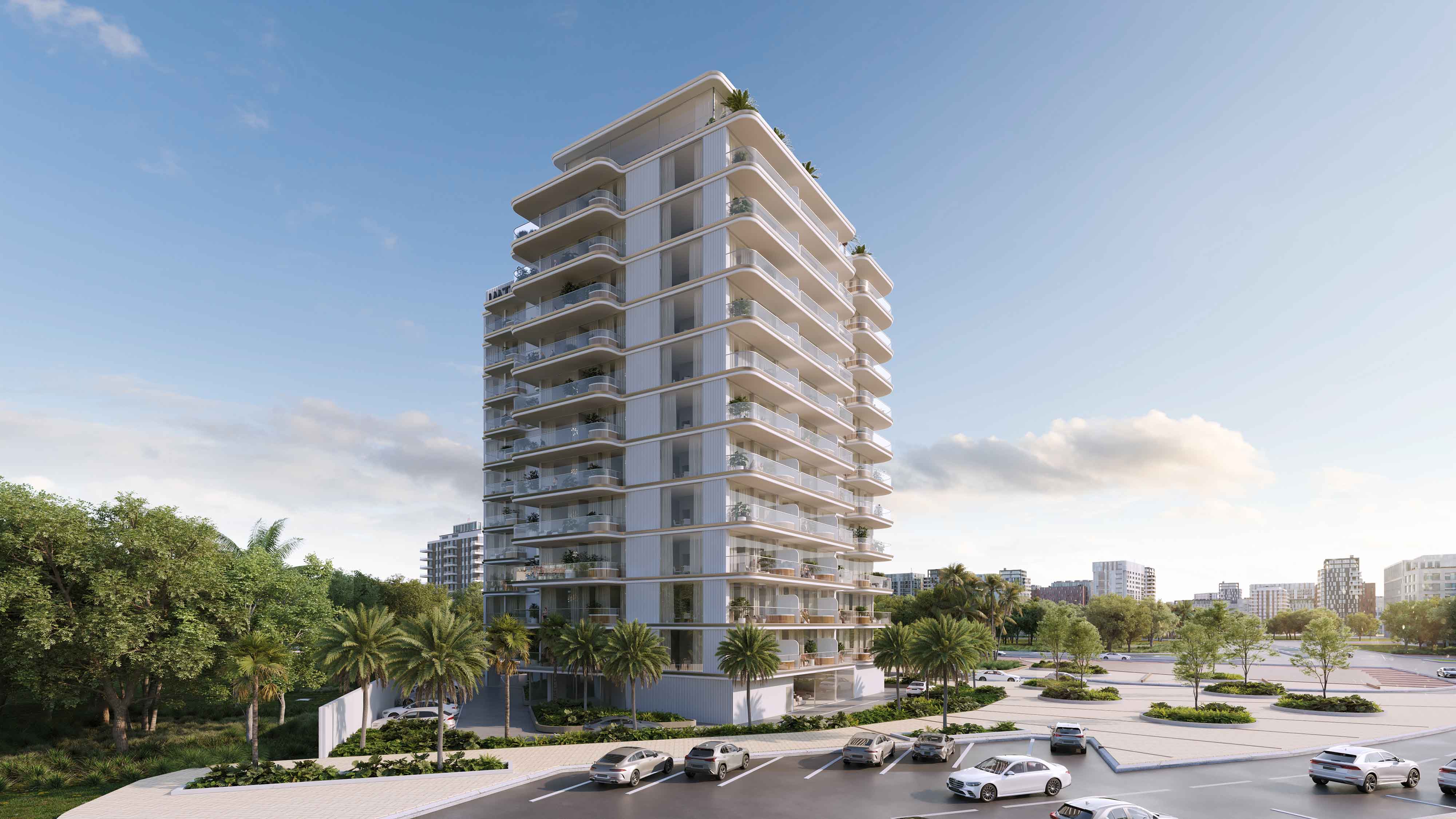 Cove Edition 5 By Imtiaz A modern multi-story residential building surrounded by greenery and parked cars under a clear blue sky.